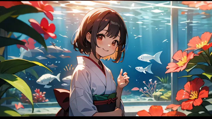 summer, okinawa,kimono,smile, japanese girl, in an aquarium