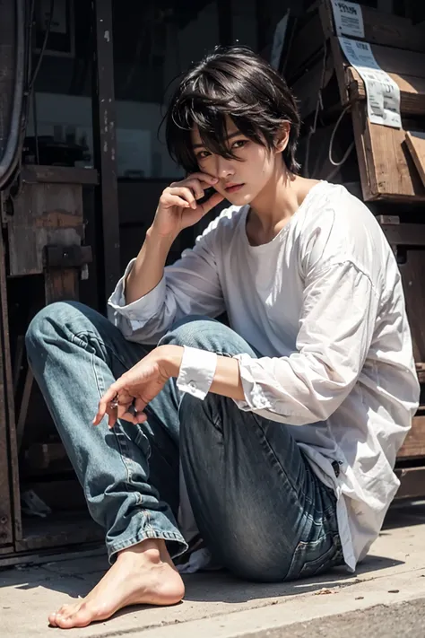 l lawliet,1man,solo,realistic,8k,highres,(perfect face:2),perfect eyes,perfect body,black eyeshadow,black hairhandsome,white shirt,levis pants,ultra detailed skin,sitting