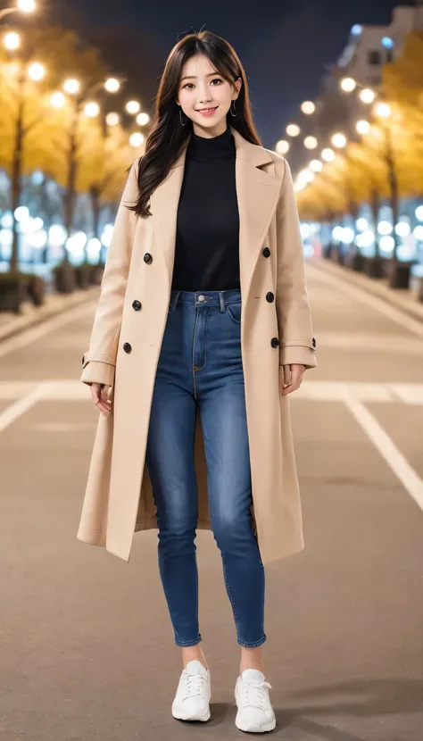 high quality,16K:1.1),(Written boundary depth:1.3) ,Full body photo、Standing woman、smile、Black Hair、Wearing a coat、shirt、Skinny jeans、sneakers、View your audience:1.3),(Full Body Shot:1.2),The background is a park at night
