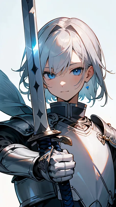 Brave、armor、Holding a sword、Silver Hair、male、Upper Body、Background white、Simple lines、blue eyes、thin、smile、From a distant perspective、front、Ready your sword?、Highest quality、masterpiece