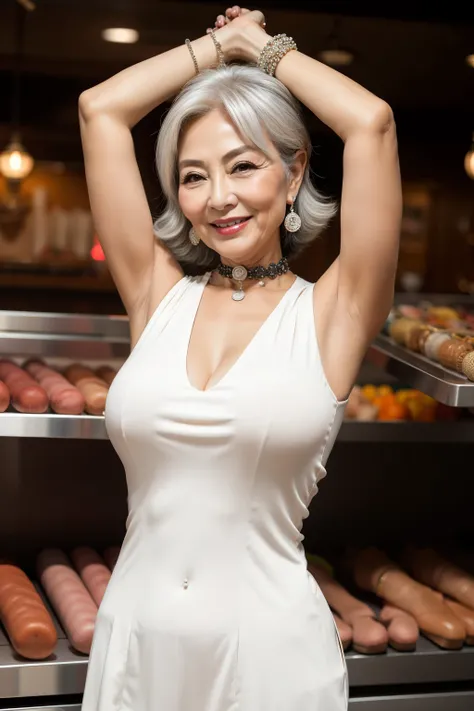 75 years old　mom　milf　Korean, Lady　large earring　Big choker　navel piercing decoration　A bracelet　Silver Hair　realisitic　Gorgeous Madame Beautiful Mature Woman　sexly　Smile　Gentle woman navel piercing　４K　High quality gorgeous madam beautiful mature woman