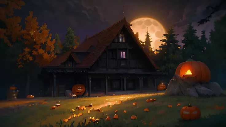 a detailed spooky halloween scene, pumpkins, bats, full moon, haunted house, cobweb, dark forest, moody lighting, dramatic shadows, glowing jack-o-lanterns, vibrant colors, (best quality,4k,8k,highres,masterpiece:1.2),ultra-detailed,(realistic,photorealist...