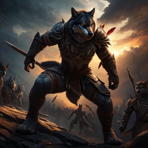 a wolf, furry, tribal, warrior, crowd, detailed portrait, highly detailed face, piercing eyes, detailed fur textures, intricate tribal tattoos, detailed clothing and armor, dynamic action pose, dramatic lighting, moody atmosphere, cinematic composition, vi...