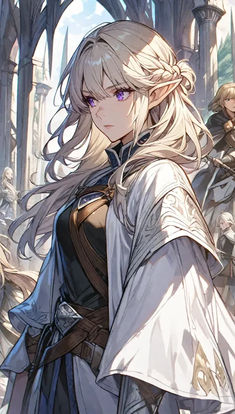 Solitary, woman, beautiful, Medium Length Platinum Blonde Hair，with bangs, Half-tied and half-down hair, Purple Eyes, White coat, d&d, Elf, middle Ages