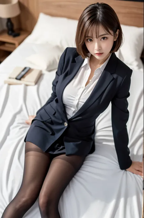 (((masterpiece))), (((Highest quality: 1.4))), ((Very detailed: 1.4)) , (Full Body Shot), Mature Japanese ,  (alone: 1.3), From above, Sitting, M-shaped legs, Small breasts, (Super realistic black pantyhose: 1.3), White panties and pantyhose are visible, V...