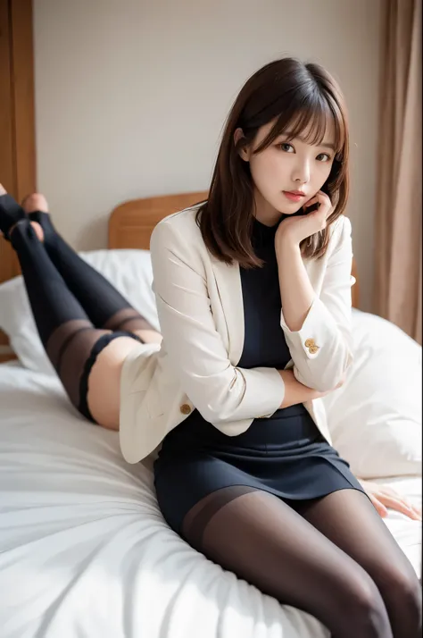 (((masterpiece))), (((Highest quality: 1.4))), ((Very detailed: 1.4)) , (Full Body Shot), Mature Japanese ,  (alone: 1.3), From above, Sitting, M-shaped legs, Small breasts, (Super realistic black pantyhose: 1.3), White panties and pantyhose are visible, V...