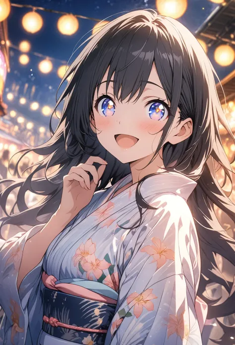 masterpiece, Highest quality, Highly detailed CG Unity 8K wallpapers, High School Girl Anime Illustration. Please wear a yukata、She looks up at the sky with sparkling eyes、Shes opening her mouth, smile. The background is a light pastel colored landscape..,...