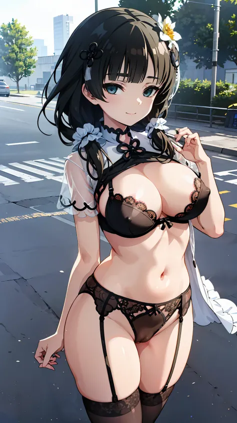 masterpiece, best quality, absurdres , perfect anatomy ,wang yujia, Black hair , smiling , (((nsfw))) , (((busty))),1girl, sensual body, Her cheeks flushed ,  silk lingerie ,transparent bra , maid , street