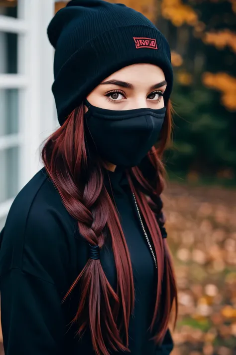 brunette girl two braidstinted red wearing black mask and a long sleeved plain black hoodie and beanie hood upover beanie