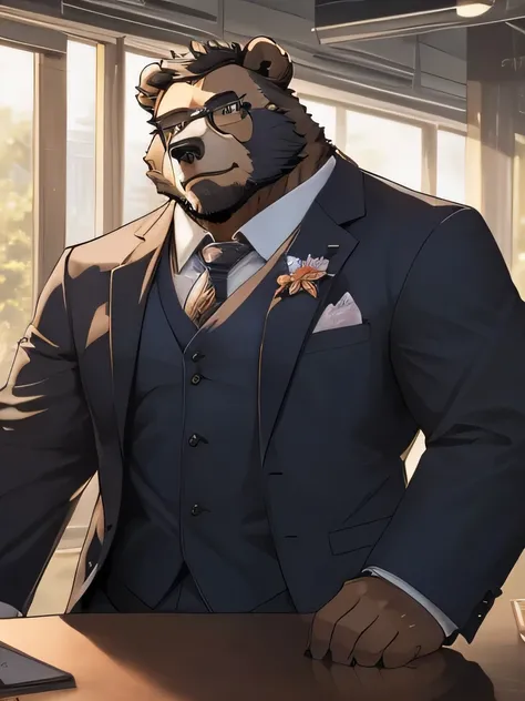 (Very detailed), Clear focus,hairy, Black and white fur), black beard, Black Hair,human nature (棕Bear:1.3), male, Middle-aged and elderly people, Brown body, White belly, muscular ,(Crotch bulge),Very detailed face,(Disheveled:1.4),(best quality), (masterp...