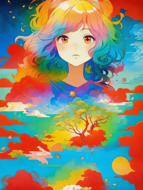 masterpiece, best quality Hayao Miyazaki style, Simple Line Initialism，Abstract art，Urban Background, (((The most beautiful girl of all time))), Sweet face. Lips in love, colorful hearts, stylish design, 夏のオシャレなTシャツ, 黒い瞳