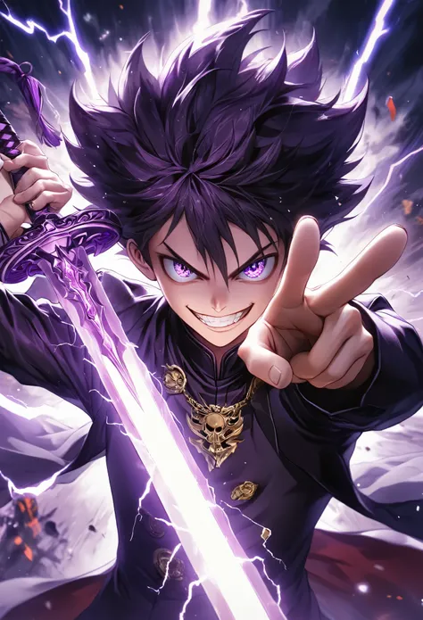 masterpiece, Highest quality, Highly detailed CG Unity 8k wallpaper, Purple sword imbued with lightning. It is made with great precision. Very precise, High resolution, sharp, Glowing Sword. He is looking at you with big eyes and sharp eyes. wear . The swo...