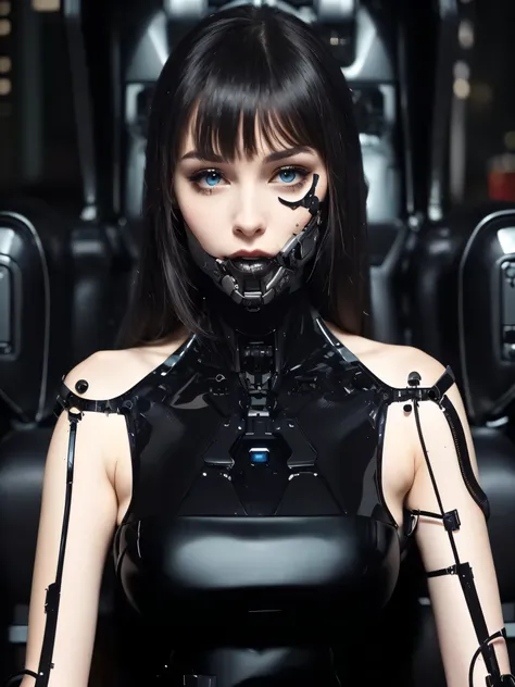 arafed woman in a black latex outfit sitting in a chair, cyborg - girl, cyborg girl, beutiful white girl cyborg, perfect android girl, beutiful girl cyborg, cyborg woman, perfect anime cyborg woman, cyberpunk transhumanist, cute cyborg girl, seductive cybe...