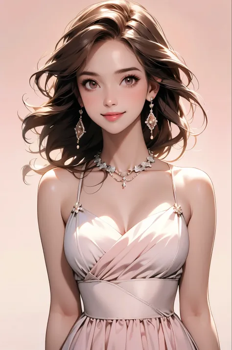 high resolution,smile,woman,woman1人,adult,Clear,cute, Brown Hair,BREAK, Brown eyes,BREAK, Hostess,Silver Dress,Diamond Necklace,BREAK, Facing forward,BREAK,Pink background,Light on head,