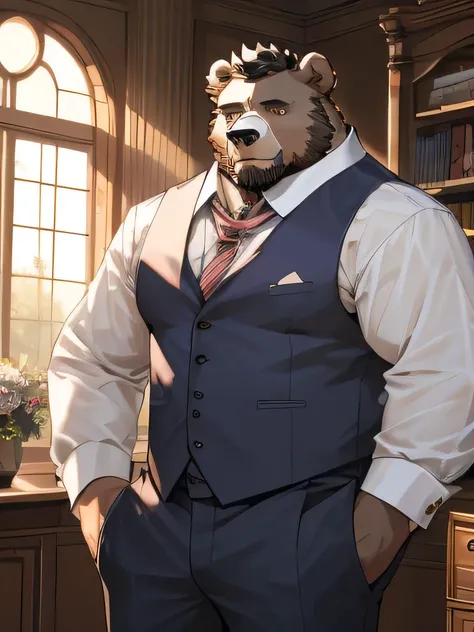 (Very detailed), Clear focus,hairy, Black and white fur), black beard, Black Hair,human nature (棕Bear:1.3), male, Middle-aged and elderly people, Brown body, White belly, muscular ,(Crotch bulge),Very detailed face,(Disheveled:1.4),(best quality), (masterp...