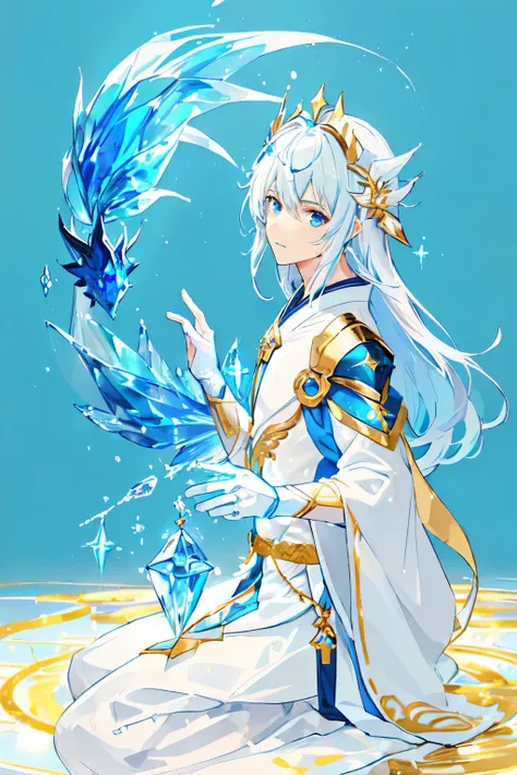 A boy wearing a white robe and a blue fish, anime style, golden headdress, golden headpiece, water mage, mysterious male warrior, ice crystal armor, water deity, luminous water element, white-haired deity, ice wizard, beautiful celestial mage, iridescent w...