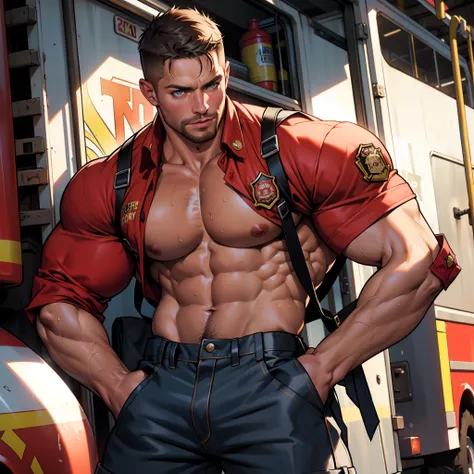 NSFW , masterpiece, best quality, face, natural eyes, 1man, macho HORNY man,, muscled and mature, stephen amell as a firefighter wearing totally unbuttoned firefighter overall, sweating, tight cloth showing his muscles and COCK , full body , background sta...