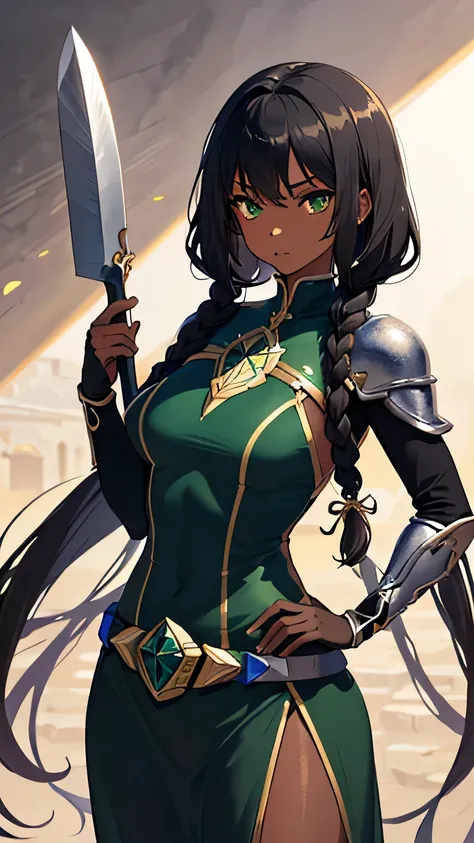 （1girl，Black-haired young priestess，masterpiece，8k，bust，Best quality），Priestess standing on the island，((Black braid，Green Ranger Soft Armor，Dark Skin，Black gauze dress，Green eyes，Holding a tomahawk，Tsundere)，Perfect face，Perfect eyes，perfect pupils，Oil pa...