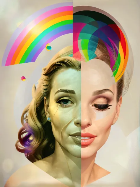 a collage of a womans face with a rainbow in the background