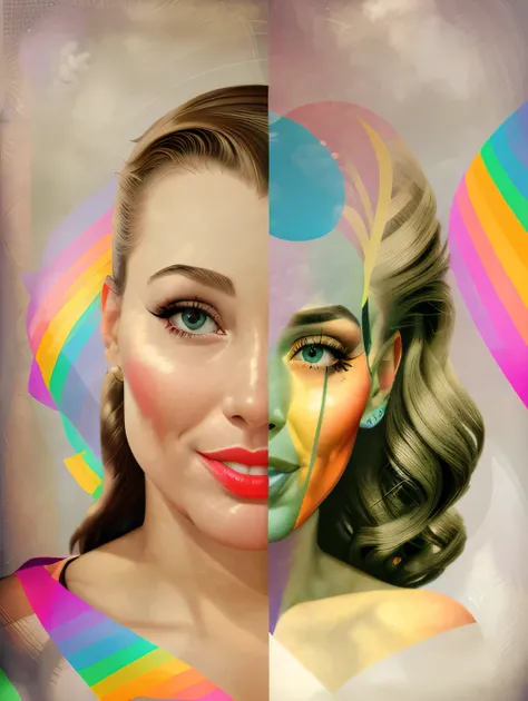 a collage of a womans face with a rainbow in the background