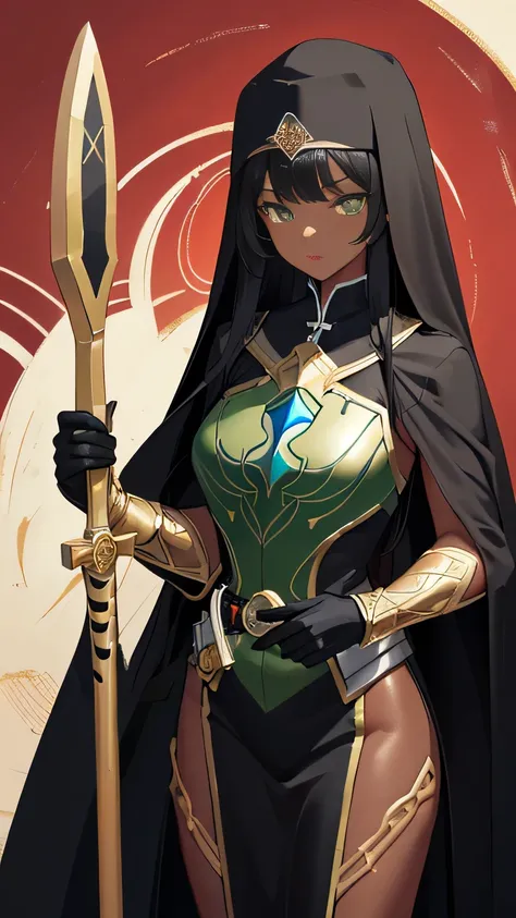 （1girl，Black-haired young priestess，masterpiece，8k，bust，Best quality），Priestess standing on the island，((Black long hair，Black veil and priest hat，Green Ranger Soft Armor，Dark Skin，Black gauze dress，Green eyes，Holding a tomahawk，Tsundere)，Perfect face，Perf...