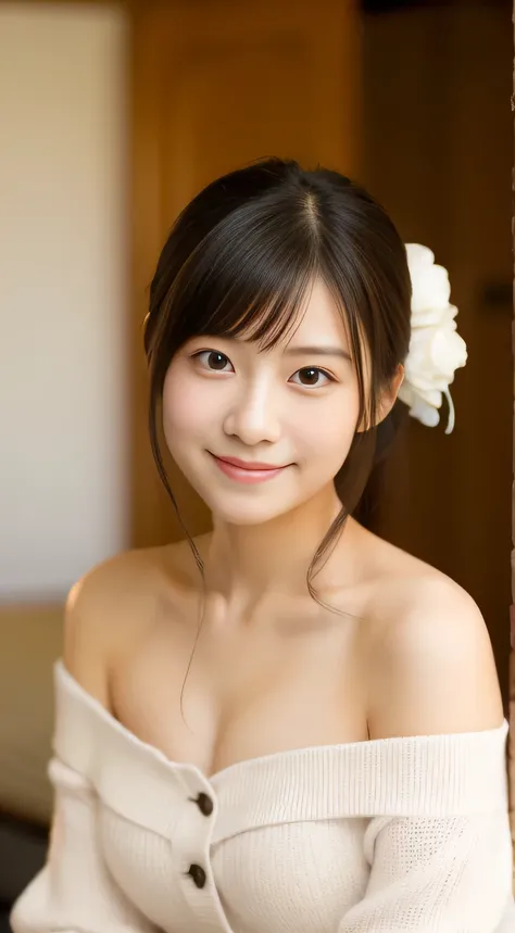 masterpiece,best quality,(Japanese girl),((Beautiful girl)),cleavage,(off shoulder:1.2),(perfect body beauty:1.2),(shy smile),from above