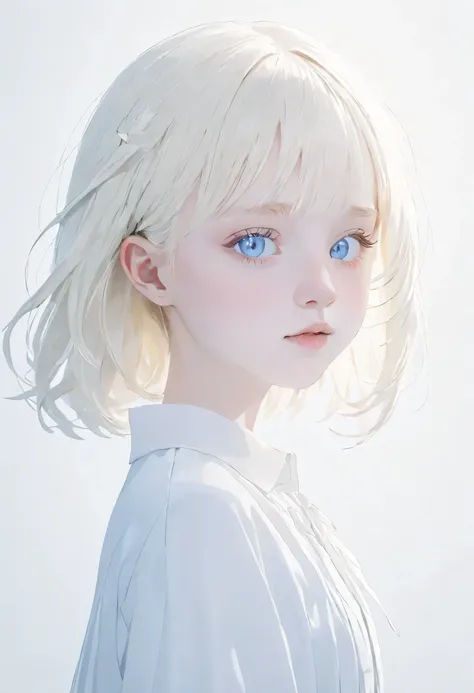 (((White Background:1.3)))、(((1 albino girl、Cute Face、pretty girl))), 16 years old,(((The eyes are white:1.3)))、White Dress、((White shirt:1.3、White Block Dress)), Tyndall effect, Realistic, Shadow Studio,ultramarine、illumination, Dual tone illumination, (S...