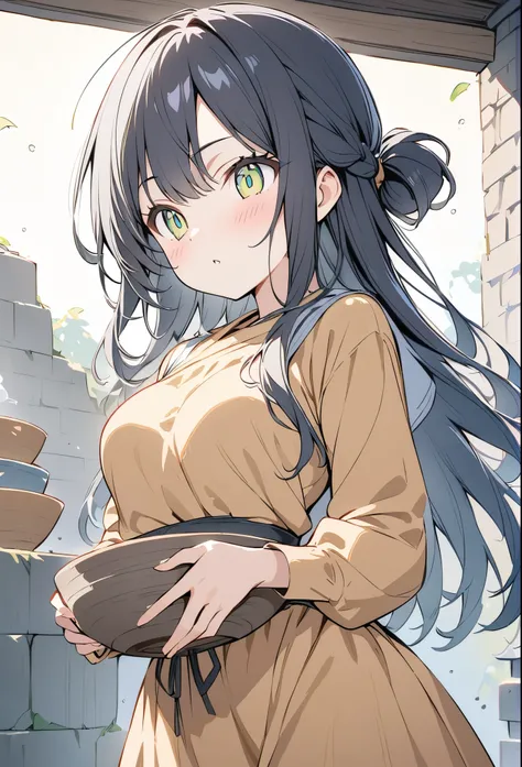 anime、デジタルanimeアート、Flat Design,(masterpiece:1.2)、high quality、High resolution、Very detailed、(Amazingly absurd:1.2)、BREAK、Jomon Period、Black Hair、long hair、Hair tied back、Girl holding Jomon pottery