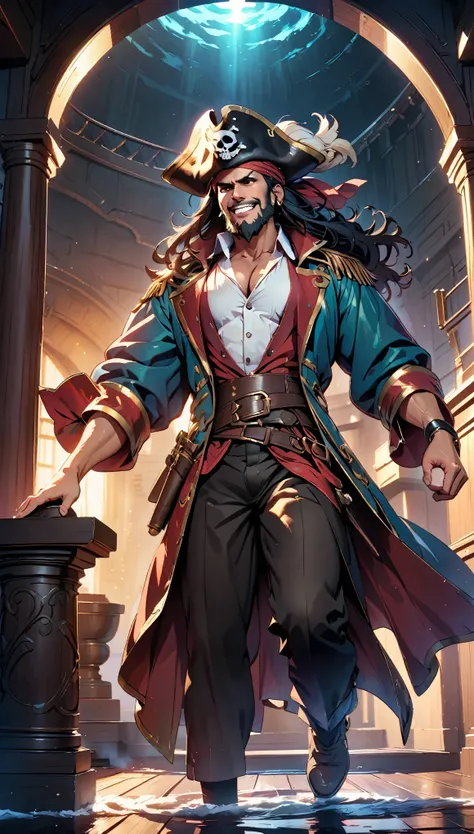 A fierce battle between pirates on the deck of a ship、Pirate costumes、dagger、Dramatic lighting、Cinematic composition、Detailed Texture、Dramatic lighting、Moody color palette、(Detailed pirate face、Sharp Eyes、beard、laughing)、Intricate details、Strong Shadows、Dy...