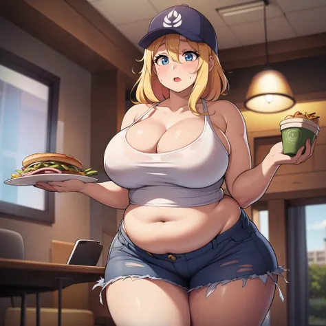 ((highres)), Masterpiece, high quality, best quality, beautiful, perfect lighting, detailed face, ultra cute face, full body, (cowboy shot), ((1girl)), ((solo)), skindentation, messy blonde hair, blue eyes, ((blush)), shocked, short skirt, tank top, thighs...