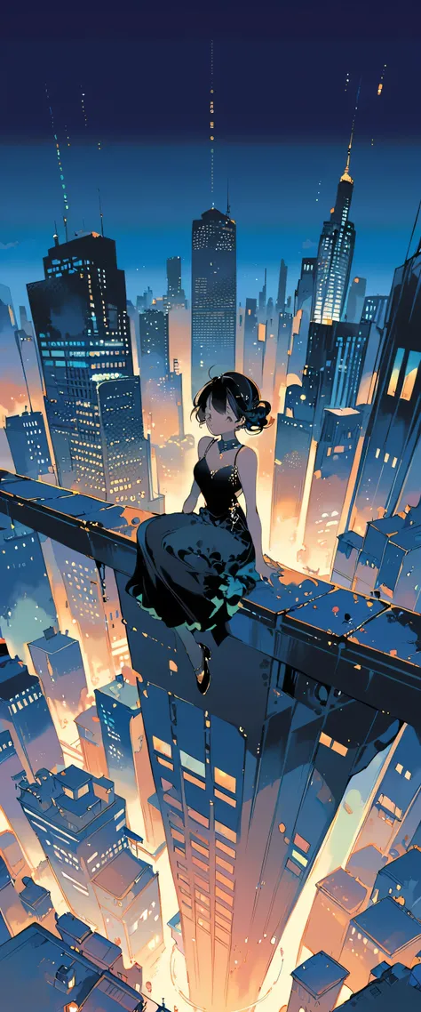 Girl in black top sitting on the edge of a skyscraper, Studio Ghibli, Cityscape, Detailed illustrations, Official Art, In kawacy style, Graceful Movement, Nocturne, Composed, HD wallpaper