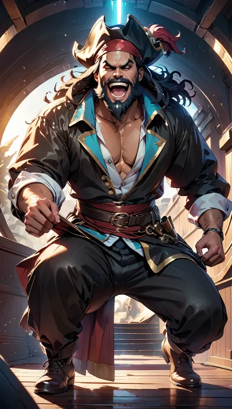 A fierce battle between pirates on the deck of a ship、Pirate costumes、dagger、Dramatic lighting、Cinematic composition、Detailed Texture、Dramatic lighting、Moody color palette、(Detailed pirate face、Sharp Eyes、beard、laughing)、Intricate details、Strong Shadows、Dy...