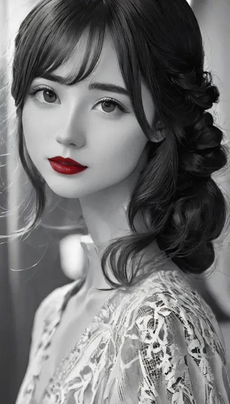 (((Black and white art:1.2、Black and white photography、RAW Photos、Film Grain)))、Beautiful woman、Small Nose、((Fuller lips、Attractive red lips:1.3))、Attractive hairstyle、dress、highest quality、High resolution、High resolution、Cinema Lighting、Black and white ph...