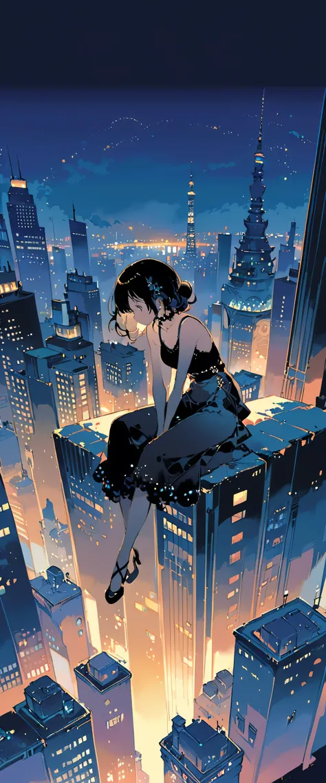 Girl in black top sitting on the edge of a skyscraper, Studio Ghibli, Cityscape, Detailed illustrations, Official Art, In kawacy style, Graceful Movement, Nocturne, Composed, HD wallpaper