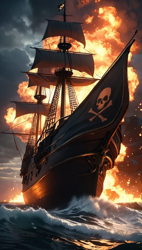 a burning pirate ship, burning mast, pirate flag, skull mark, dark night sea, dramatic lighting, realistic 3D render, cinematic composition, moody atmosphere, intense colors, detailed textures, high contrast, dramatic shadows, glowing embers, crackling fla...