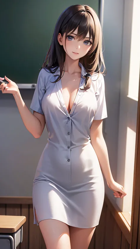 25-year-old woman, Mature Woman, ((In the classroom)), ((school uniform)), RAW Photos, (photoRealistic: 1.37, Realistic), Highly detailed synthetic CG 8K wallpaper, One girl, (((Perfect body: 1.1)), (Medium chest: 1.2), Looking at the audience, (((Straight...