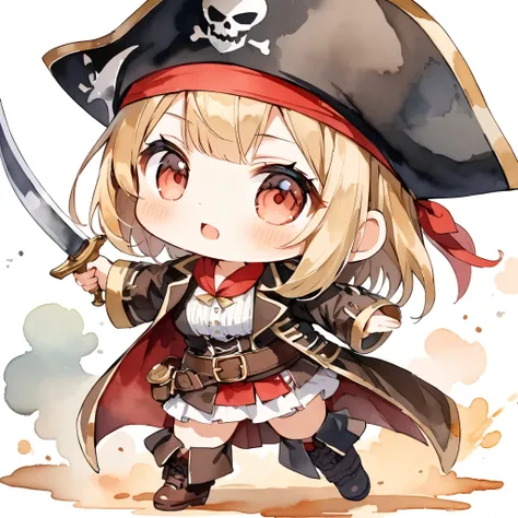 (Watercolor style:1.2, masterpiece:1.2),Two pirate girls, pirate battle, Chibi, Deformation, Children&#39;s book illustrations, pale colour, Fancy Art.