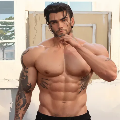 there is a man with a tattoo on his chest and a shirtless torso, meatloaf pose, shirtless :: High detail, highly detailed full body, beautiful realistic upper body, detailed full body, clear skin, detailed full body, upper body avatar, Detailed upper body,...