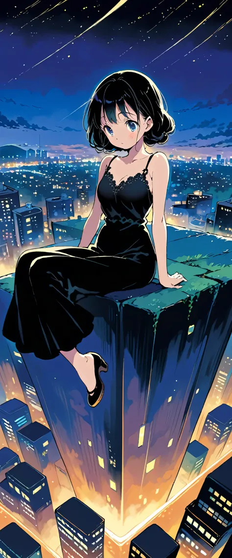 Girl in black top sitting on the edge of a skyscraper, Studio Ghibli, Cityscape, Detailed illustrations, Official Art, cute, Graceful Movement, Nocturne, Composed, HD wallpaper,Very shining,