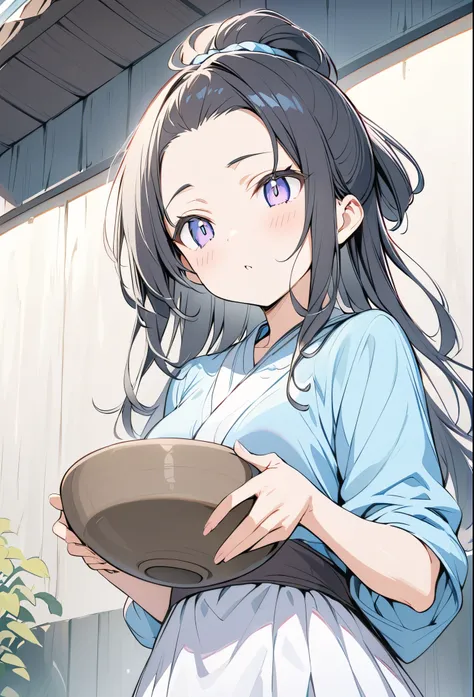 anime、デジタルanimeアート、Flat Design,(masterpiece:1.2)、high quality、High resolution、Very detailed、(Amazingly absurd:1.2)、BREAK、Jomon Period、Black Hair、long hair、Hair tied back、Girl holding Jomon pottery