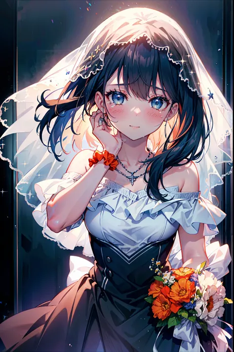 Rikka body,  Black Hair, blue eyes, Long Hair, orange Scrunchie, Scrunchie, wrist Scrunchie,smile,blush,off-the-shoulder wedding dresses,wedding long skirt,necklace,Veil,bouquet,Please close your eyes.,Tears stream down her face,Tears of joy,I cry a lot,　　...