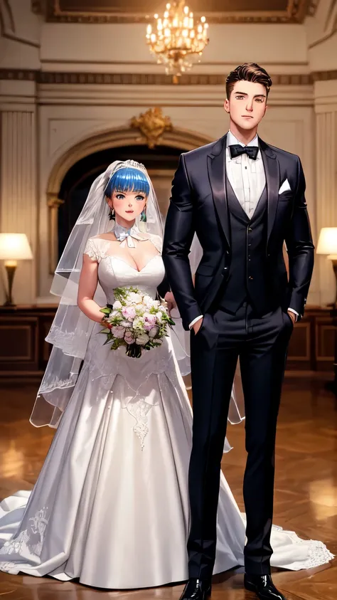 Lily and Jacob, both tall bodybuilders with the same height, in wedding attire. Lily wears an elegant wedding gown with intricate details, and Jacob is in a classic black tuxedo with a bowtie. The setting is a festive wedding scene with vibrant decorations...