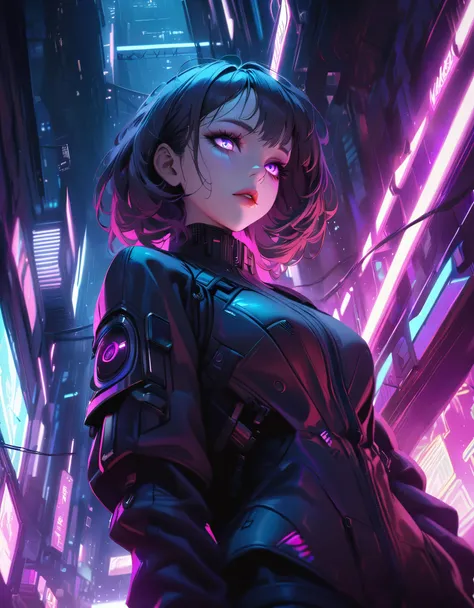 a cyberpunk girl in futuristic city, beautiful detailed eyes, beautiful detailed lips, extremely detailed face and skin, long eyelashes, intricate cybernetic implants, neon lighting, dramatic low angle perspective, vivid neon colors, dystopian, dark moody ...