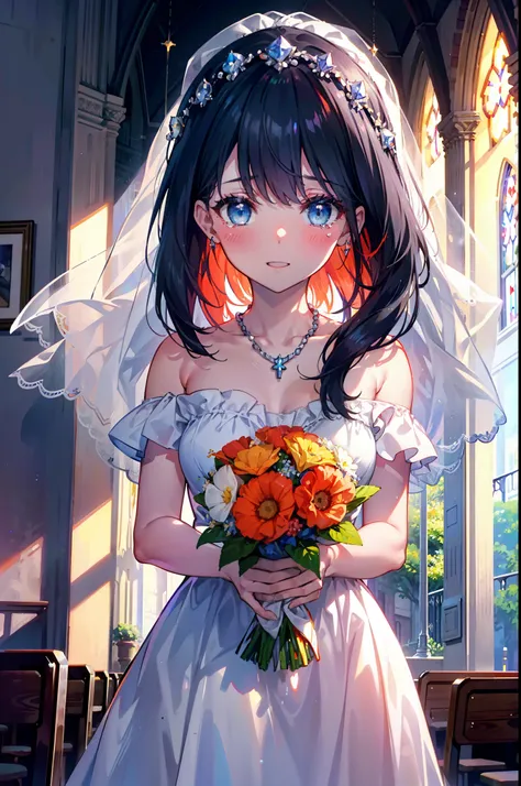 Rikka body,  Black Hair, blue eyes, Long Hair, orange Scrunchie, Scrunchie, wrist Scrunchie,happy smile, smile, Open your mouth,blush,off-the-shoulder wedding dresses,necklace,Veil,Holding a bouquet in both hands,,Please close your eyes.,Tears stream down ...