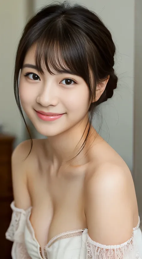 masterpiece,best quality,(Japanese girl),((Beautiful girl)),cleavage,(off shoulder:1.2),(perfect body beauty:1.2),(shy smile),From slightly above,