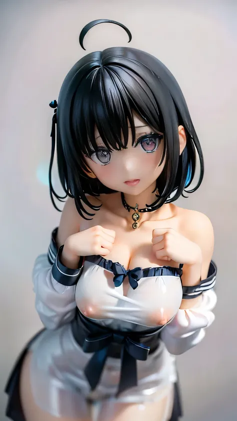 Main piece、high quality、High resolution、1 girl,single, Ruka Sarashina、jewelry、skirt、Maid uniform that exposes the breasts、Japan maid café、Woman with black hair、short hair、black hair、black pantyhose, Blue eyes, long sleeve, blue hair band, bangs, big full b...