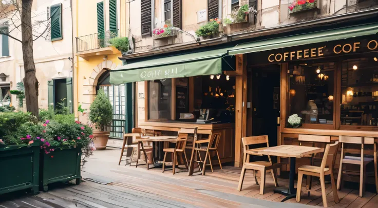 Italy　spring　coffee shop　Wood Deck　Jazz Music　petal　