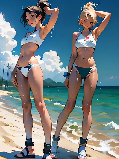 (High definition CGUnity 8k wallpaper), Marco、masutepiece, High resolution, Full body, 15 and 17 years old、girl with２a person、 Faraway view、tanned beautiful girl, Crotch open pose、beautiful beach volleyball player, Short black hair, Blonde ponytail、misalig...