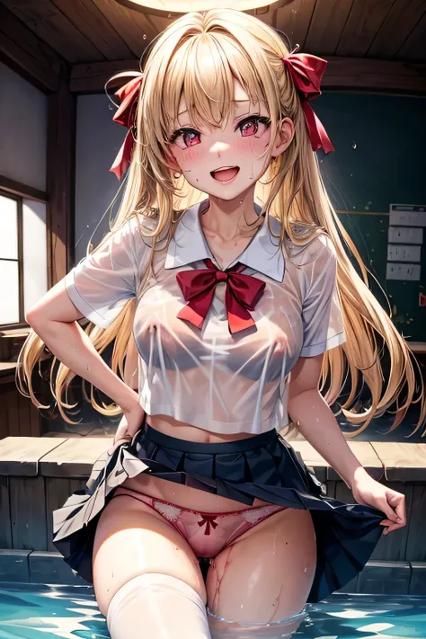 (highest quality)), ((masterpiece)), (family friendly), Perfect Face,Shiny skin,Beautiful breasts,red eyes,Shiny skin、Sunburned skin、Sweat、Off the shoulder、(((akaihaato)))、Big Breasts,(((Milking)))、(((Prone、{school uniform,Short sleeve shirt,BREAK,(Checked...