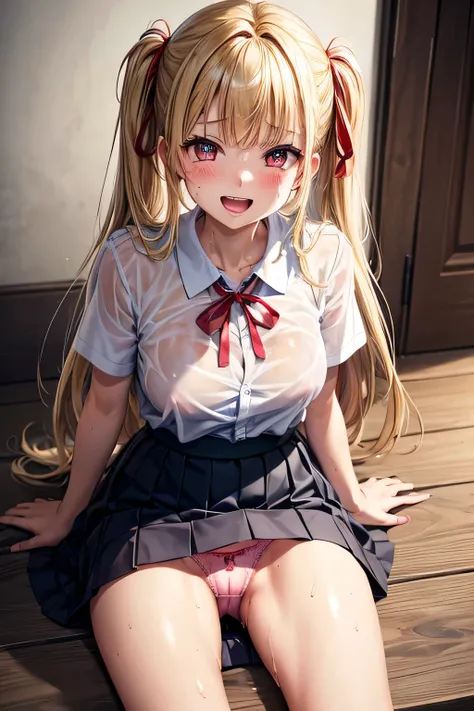 (highest quality)), ((masterpiece)), (family friendly), Perfect Face,Shiny skin,Beautiful breasts,red eyes,Shiny skin、Sunburned skin、Sweat、Off the shoulder、(((akaihaato)))、Big Breasts,(((Milking)))、(((Prone、{school uniform,Short sleeve shirt,BREAK,(Checked...